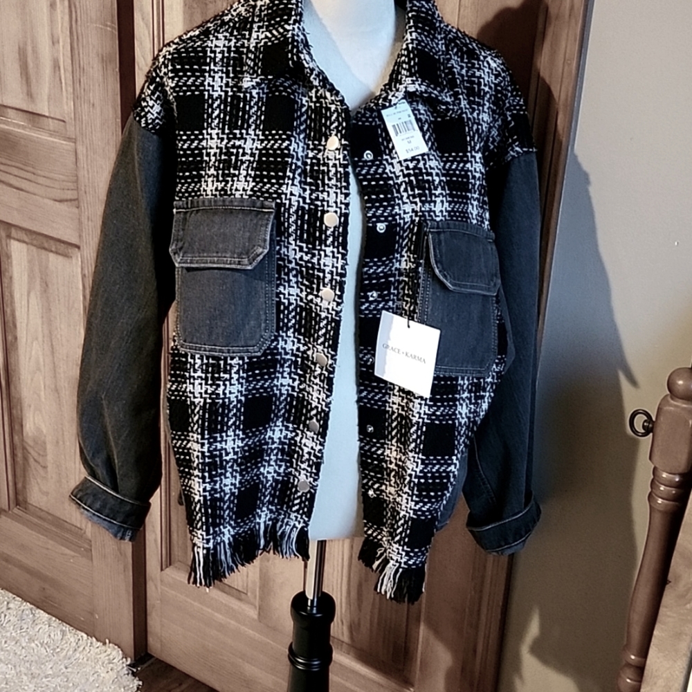 Grace & Karma Tweed and Denim Shacket